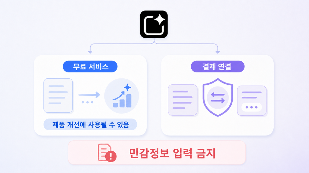 AI Studio 무료 서비스의 제품 개선 활용 가능성과 결제 연결 및 민감정보 입력 금지를 설명한 그림