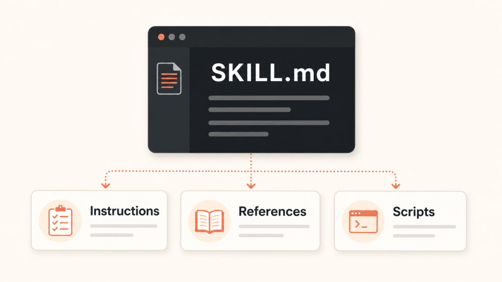 SKILL.md 파일이 Instructions, References, Scripts와 연결되는 구조를 나타낸 개념 이미지