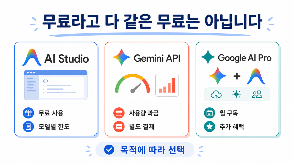 구글 AI 스튜디오 무료 버전과 Google AI Pro 유료 구독 서비스 및 API 결제 차이를 정리한 핵심 비교 인포그래픽