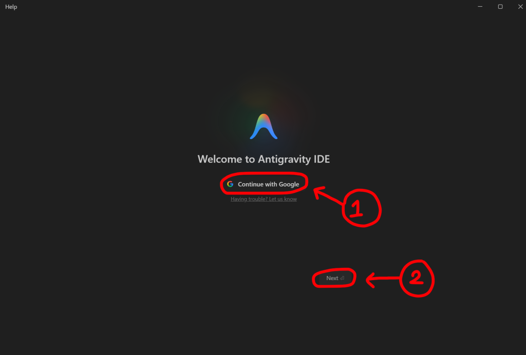 Continue with Google 버튼과 Next 버튼이 표시된 안티그래비티 로그인 화면