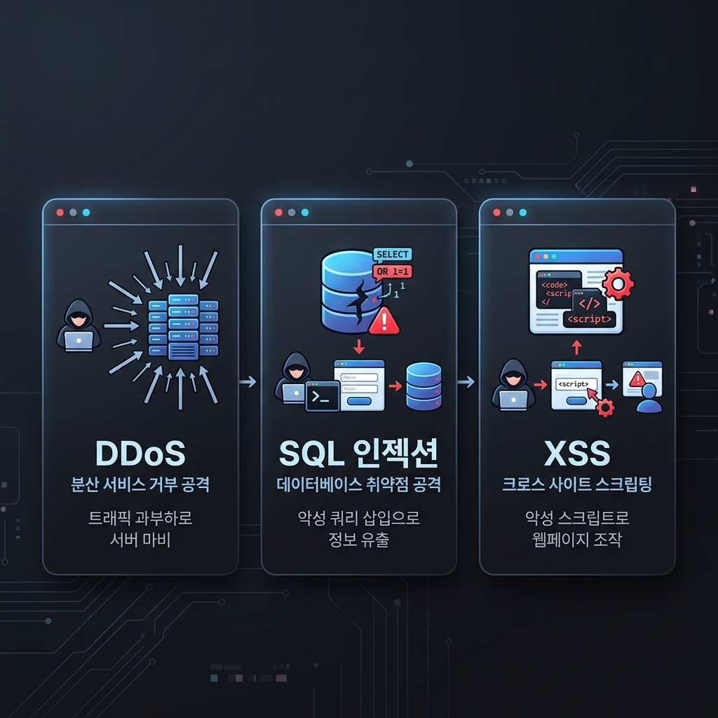 바이브 코딩 보안: DDoS·SQL 인젝션·XSS 공격 흐름 비교