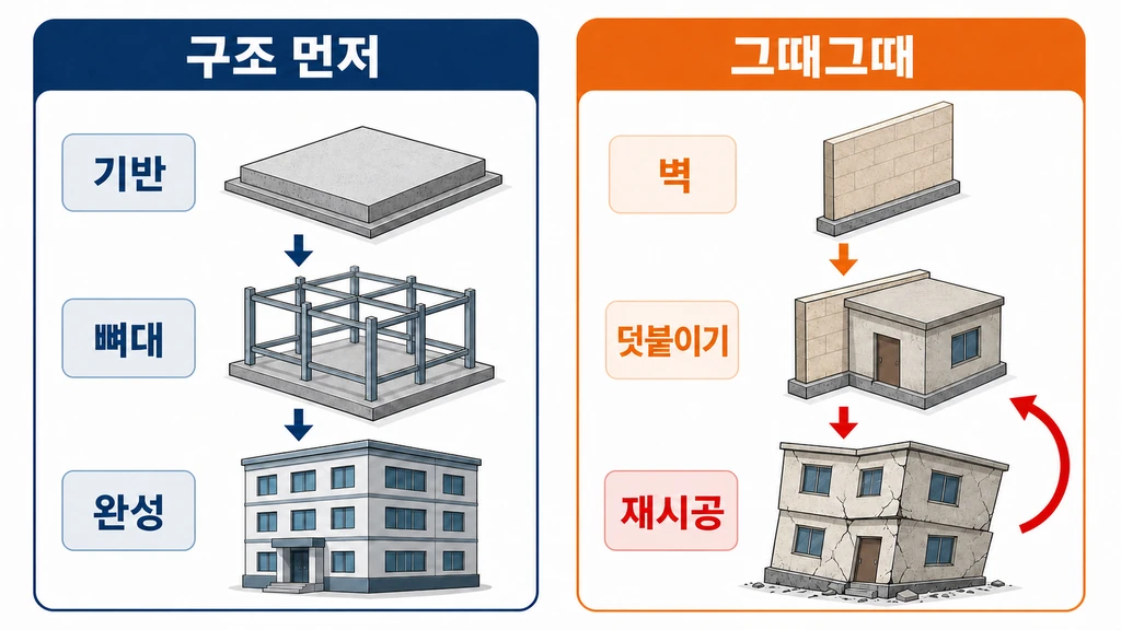 바이브 코딩 기획, 구조 먼저와 그때그때 건축 비교