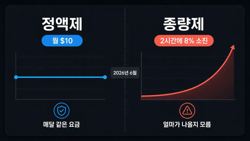 정액제의 평평한 요금선과 종량제의 가파른 소진 곡선 비교