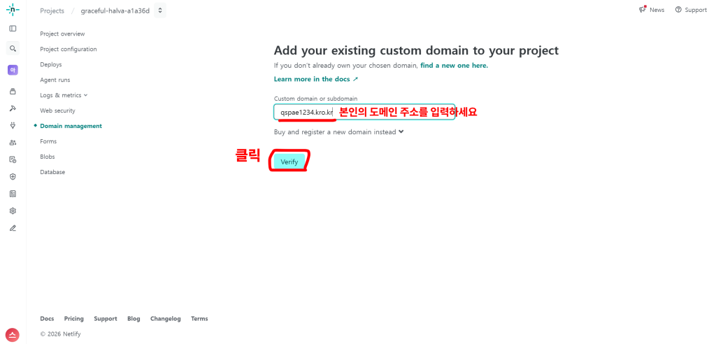 Netlify에 qspae1234.kro.kr 사용자 도메인을 입력하고 Verify 버튼을 누르는 화면