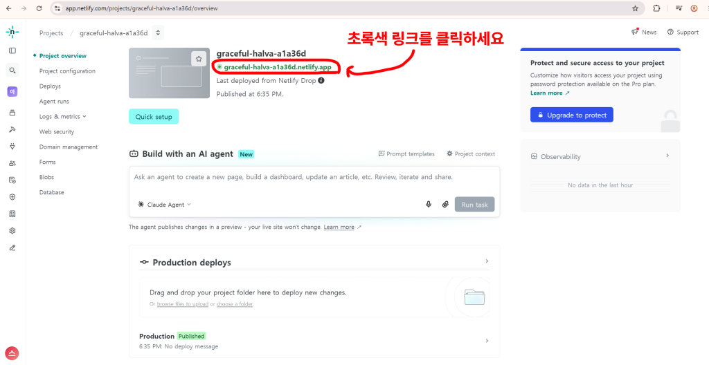 Netlify 프로젝트 개요에서 배포 완료와 임시 사이트 주소를 보여주는 화면