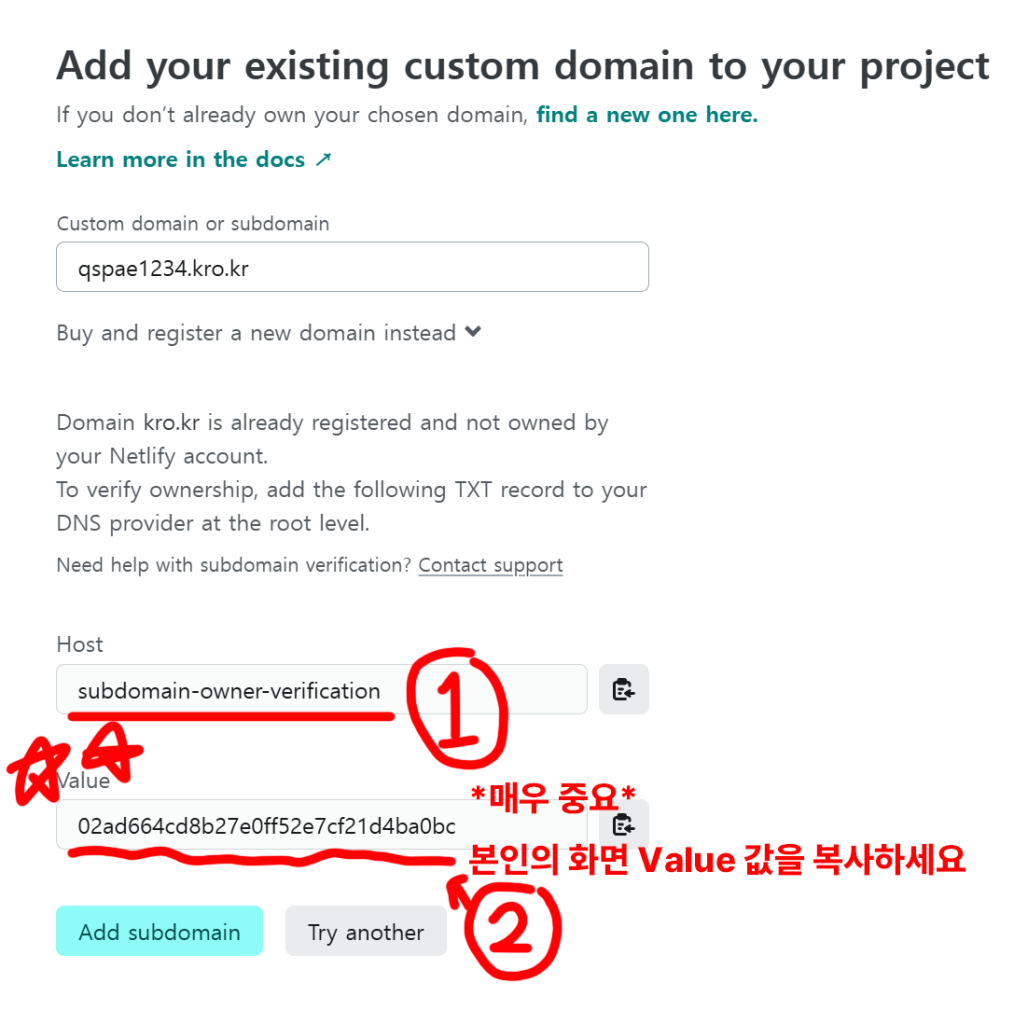 Netlify가 안내한 subdomain-owner-verification TXT 레코드의 Host와 Value 화면