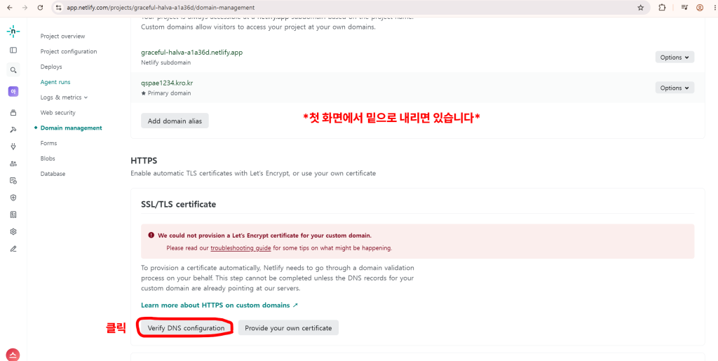 Netlify SSL 인증서 오류 화면의 Verify DNS configuration 버튼