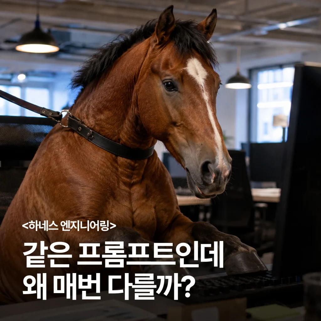 사무실에서 컴퓨터를 사용하는 갈색 말과 하네스 엔지니어링 문구