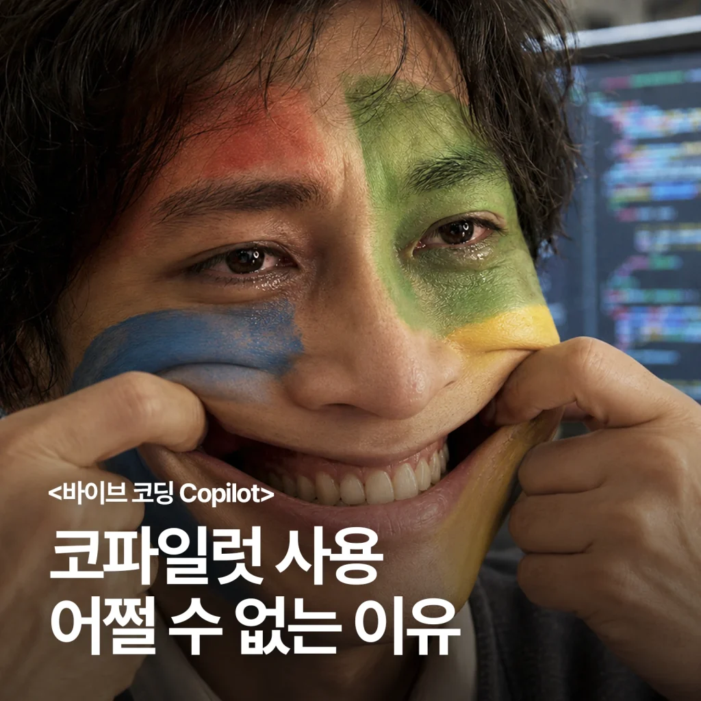 코파일럿 바이브 코딩을 풍자하며 윈도우 색 얼굴로 입을 잡아당기는 남성