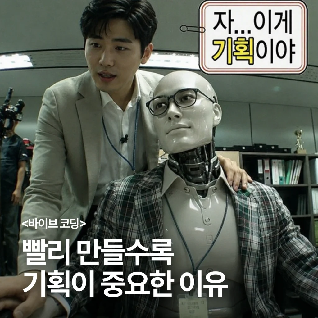 연구원이 안경 쓴 로봇의 어깨에 손을 얹고 기획을 설명하는 장면