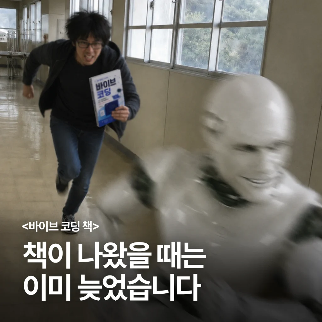 바이브 코딩 책을 든 남성이 앞서 달리는 휴머노이드를 쫓는 장면