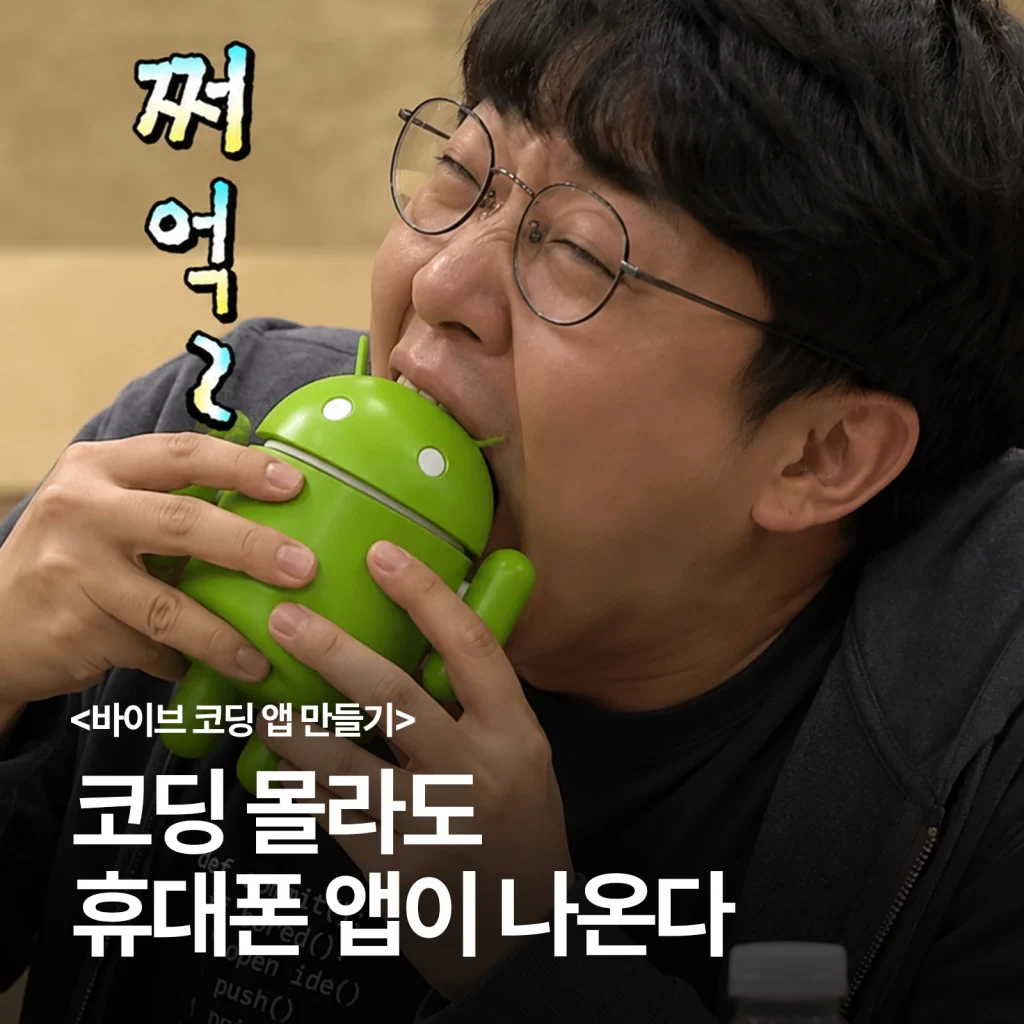 스마트폰 화면에 안드로이드 앱 개발 결과와 APK 빌드가 표시된 장면