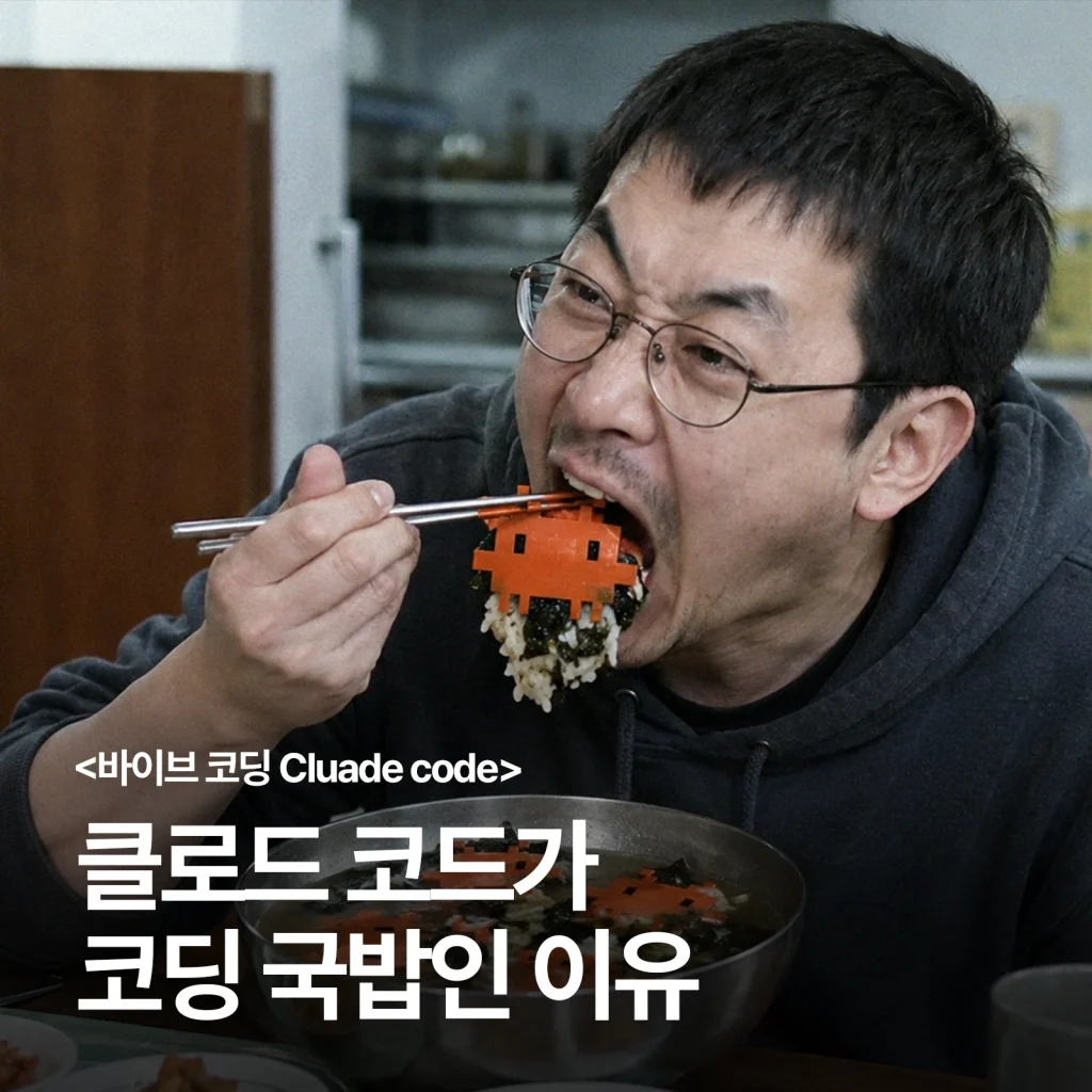 클로드 코드 모양 음식을 먹는 남성과 코딩 국밥 문구