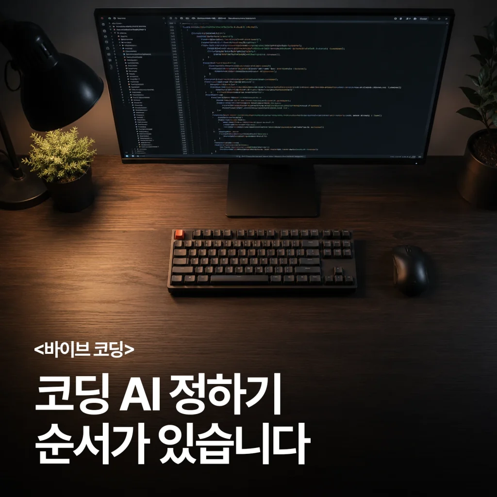 코드 편집기가 열린 모니터와 키보드가 놓인 작업 공간