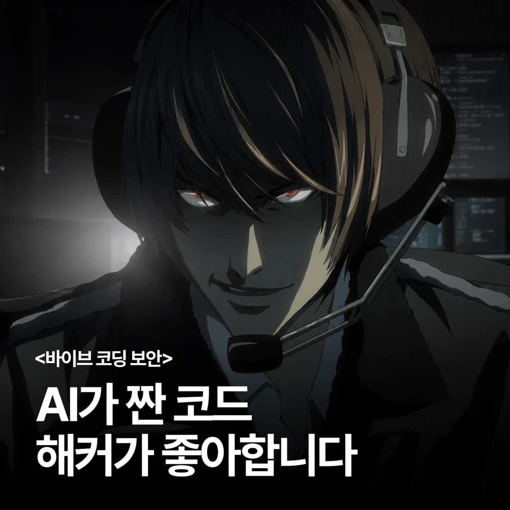 코드 화면 앞 헤드셋을 쓴 해커와 바이브 코딩 보안 문구