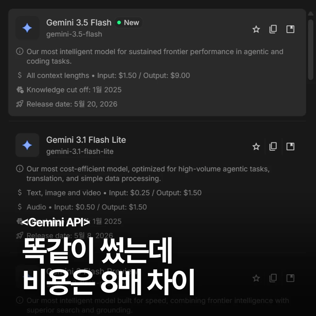 Gemini 모델 목록에 표시된 3.5 Flash와 3.1 Flash Lite 가격 정보
