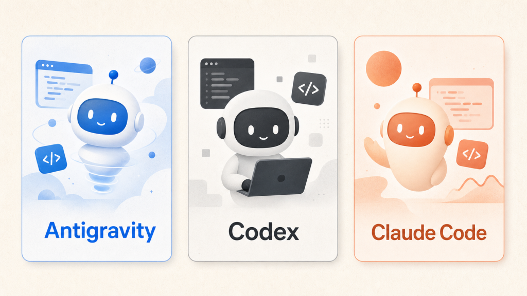 바이브 코딩 AI 추천 대상인 Antigravity, Codex, Claude Code를 세 카드로 비교한 일러스트