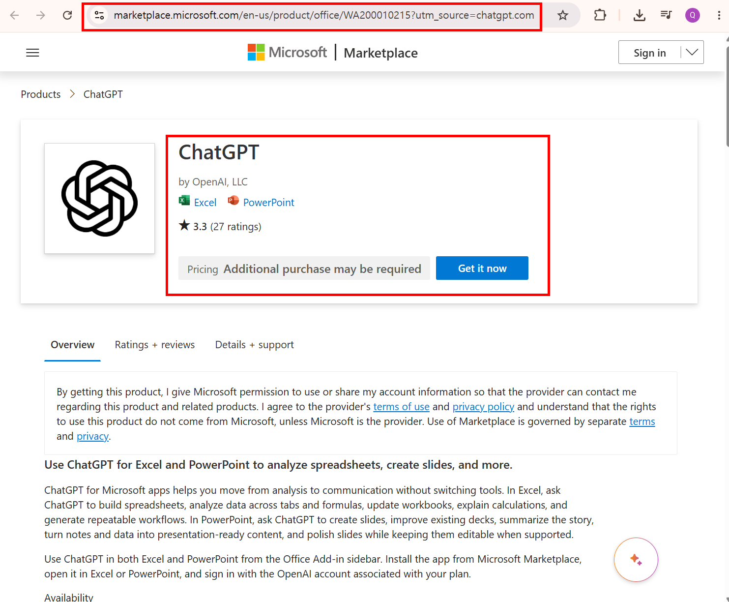 ChatGPT for Excel 애드인 설치 또는 연결 화면