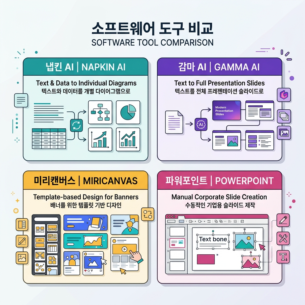 냅킨 AI, 감마 AI, 미리캔버스, 파워포인트 역할 비교