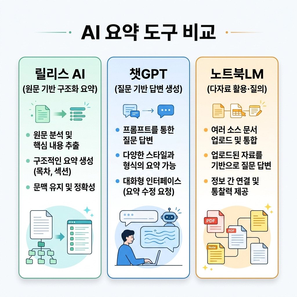 세 요약 도구의 방향 비교