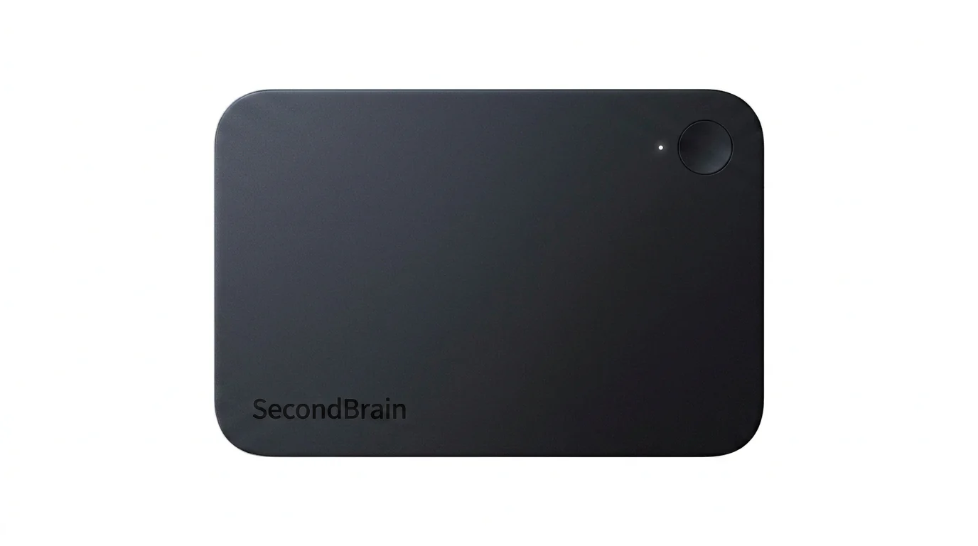 SecondBrain Note 기기 정면, 어두운 색상의 카드형 본체에 SecondBrain 로고와 우측 상단 버튼이 보이는 모습