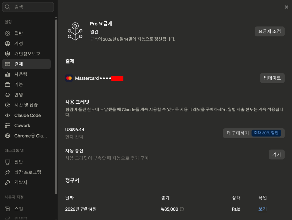 Pro 요금제 월간 구독과 크레딧 잔액이 표시된 설정