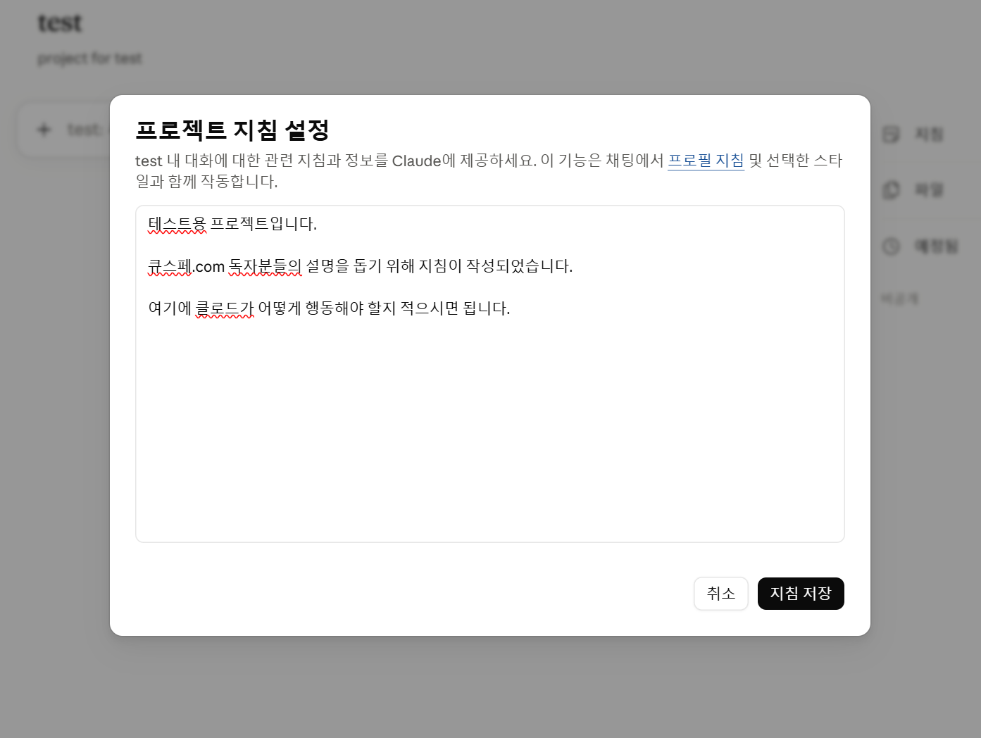 프로젝트 지침(Custom Instructions) 작성 화면