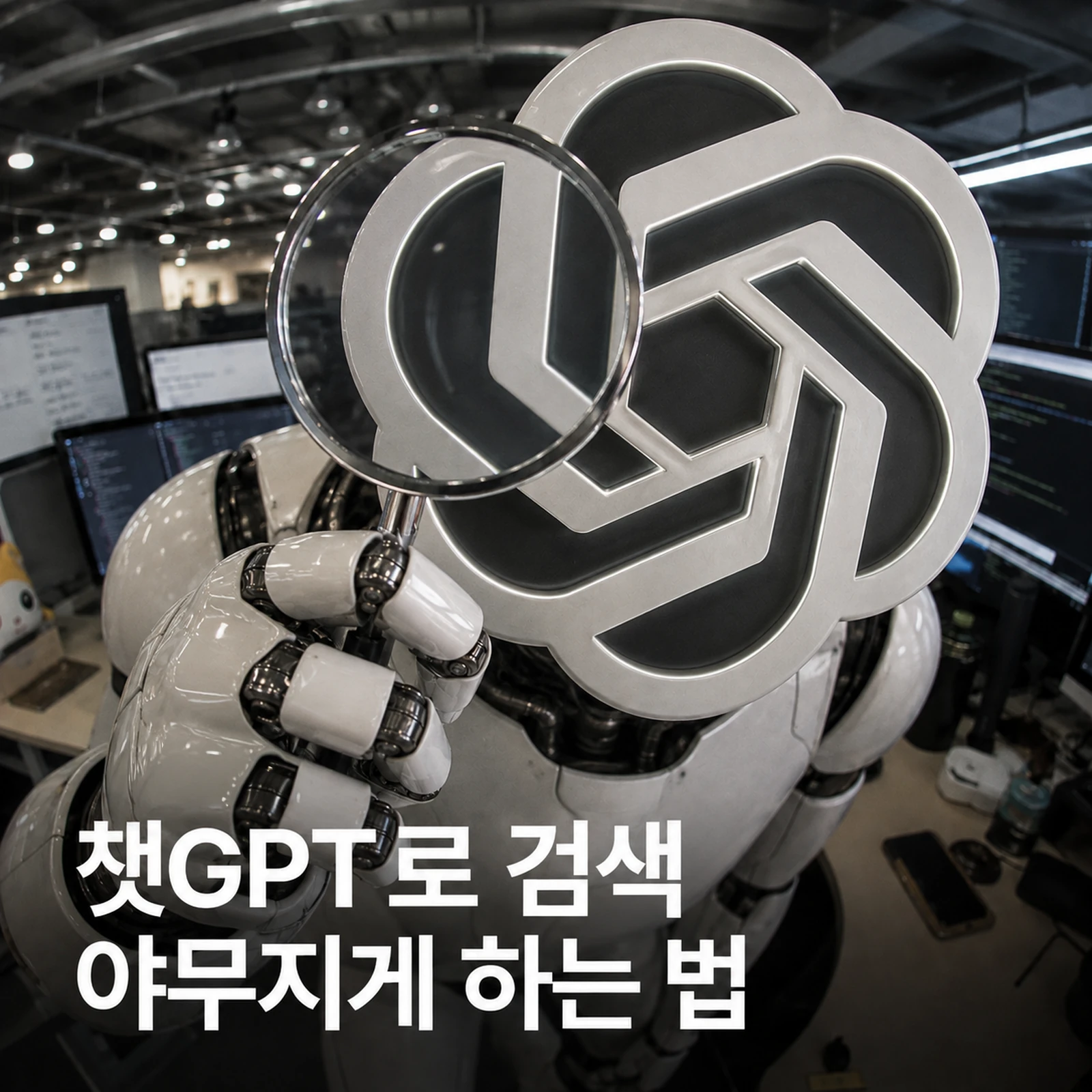 돋보기로 ChatGPT 로고를 살펴보는 로봇과 챗GPT 검색 사용법 문구