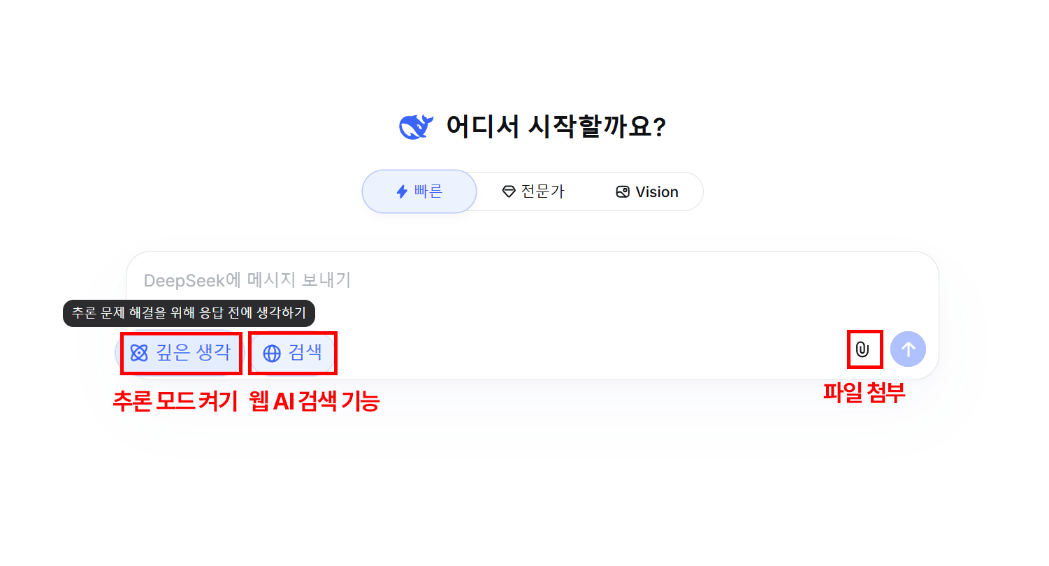 DeepSeek 웹 무료 기능: DeepThink·웹검색·파일 업로드 UI