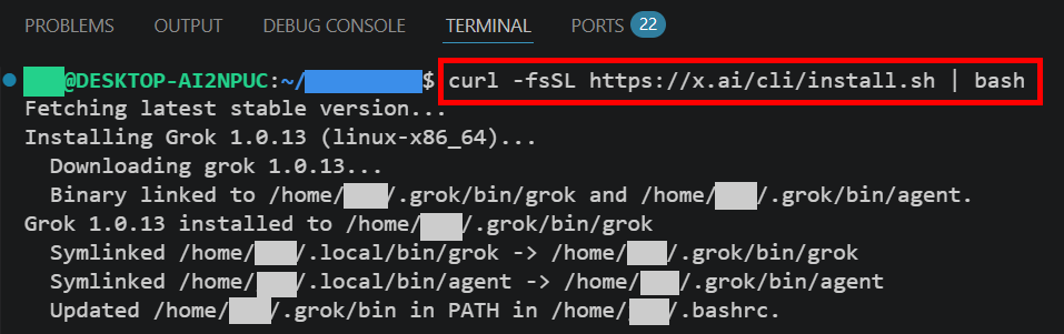 터미널 Grok Build(CLI) 설치 및 실행 화면