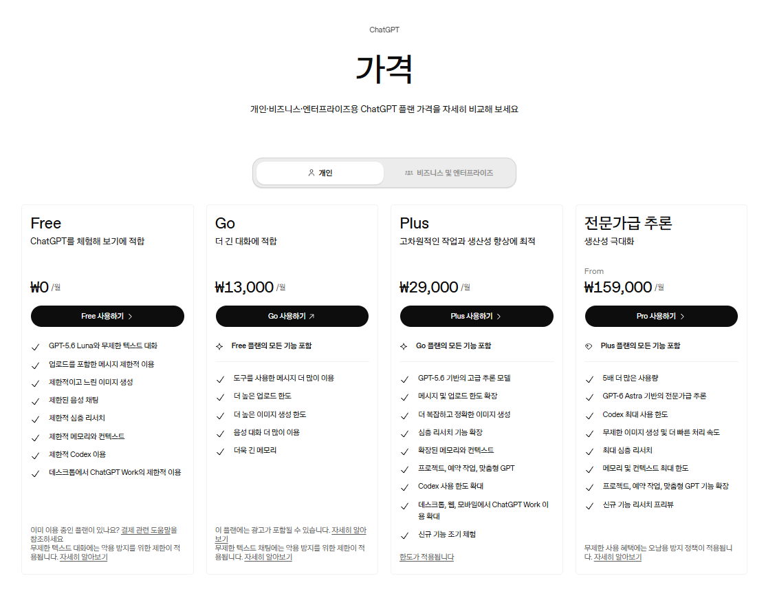 OpenAI 공식 요금제 페이지 캡처